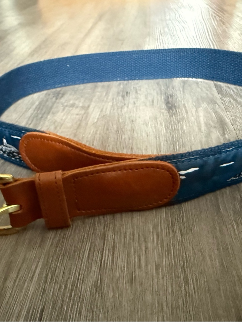Blue Canvas Belt with Brown Leather Trim & Embroidered Lighthouses. Nautical